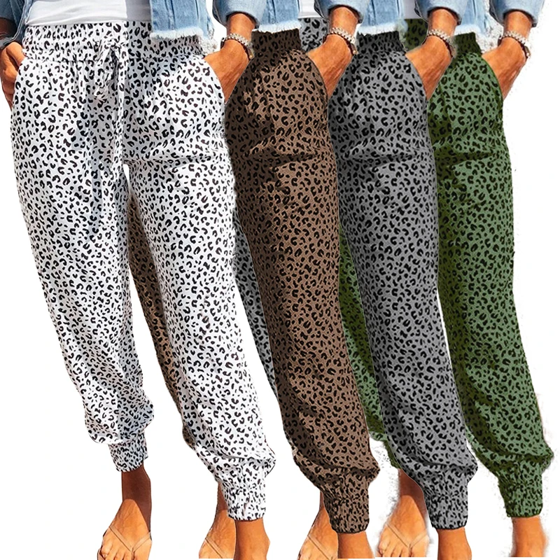 

Casual loose Leopard Elastic Waist Sweatpants Ladies jogger long pants womens trousers with Pockets