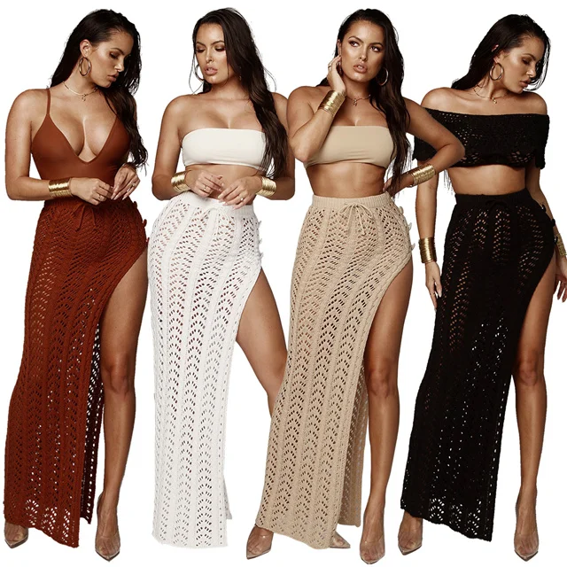 

Women Split Slim Skirt Summer Fashion Long Cutout Crocheted Beach Outer Cover Long Skirt, Picture color