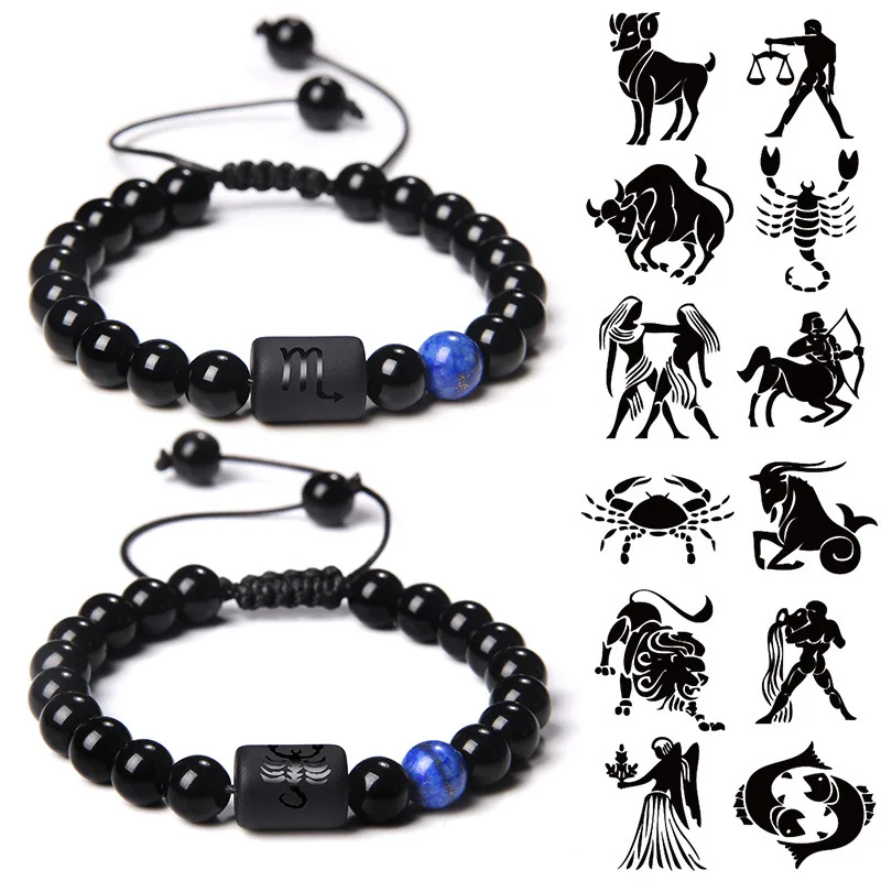 

New Arrivals Adjustable Braided Rope 12 Zodiac Charm Bracelets Black Glossy Beads Bracelet for women men