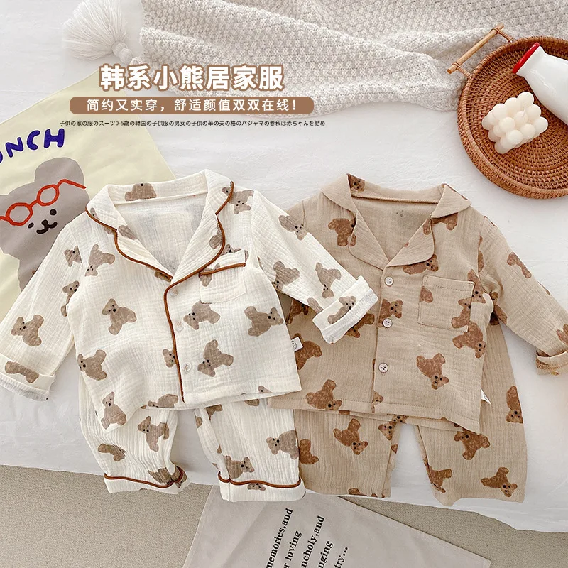 

Little bear print cotton and linen long sleeve 2pcs suits baby boy clothes sets newborn clothing wholesale baby clothing sets, Brown, beige