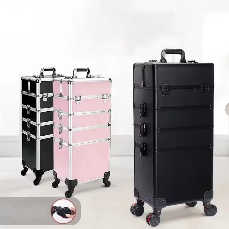 Cosmetic Trolley Large Aluminum Makeup Train Case Nail Polish Organizer Lockable Travel Rolling Makeup Trolley Case Makeup Case