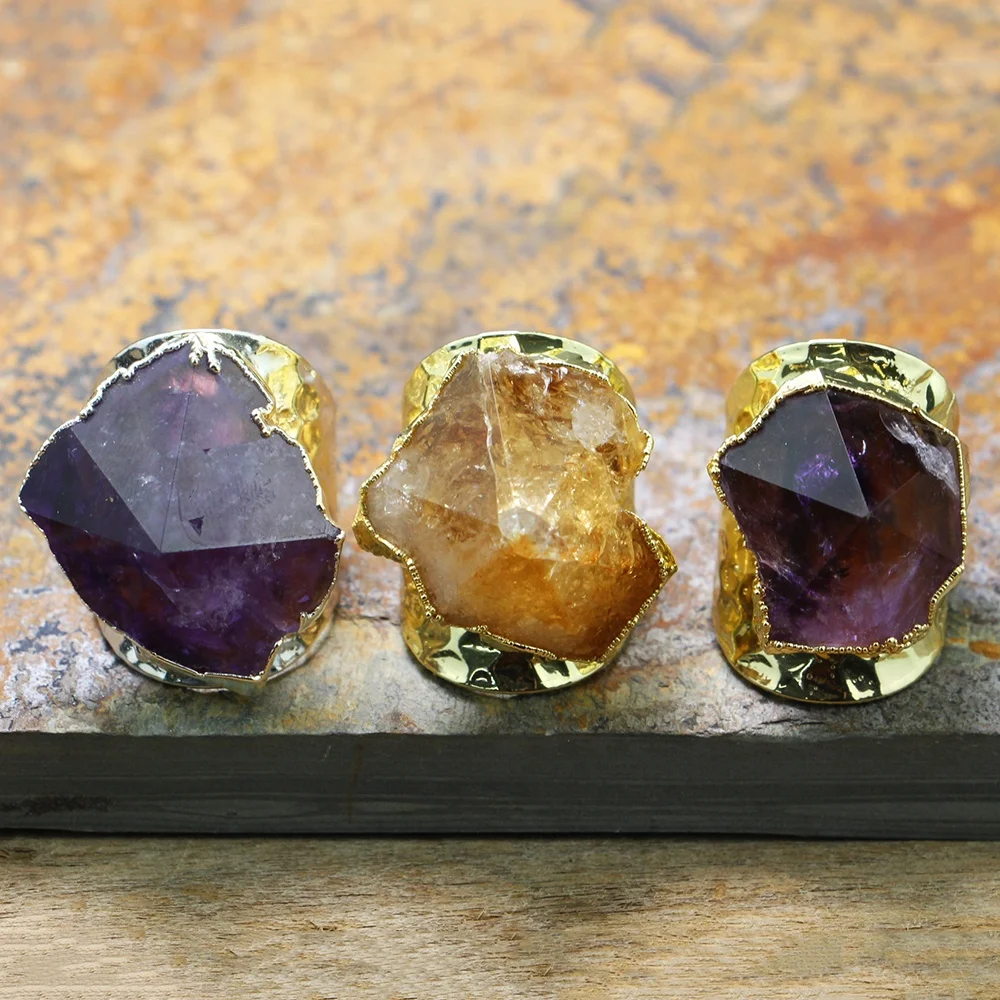 

LS-A768 sparkly amazing raw citrine ring nugget amethyst stone ring with gold/silver plating big ring for party hot selling