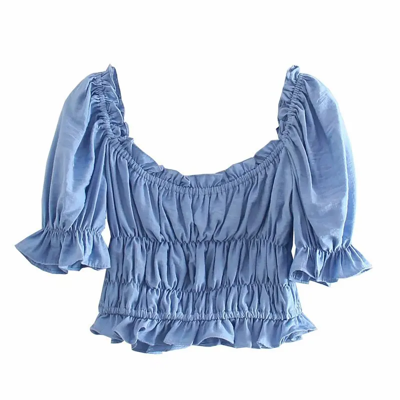 

Supplier wholesale Sexy off-the-shoulder design pleated puckered navel hot puff sleeve shirt Ladies Top Blouses