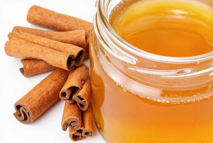 Homemade cinnamon honey mixture in glass jar with cinnamon sticks