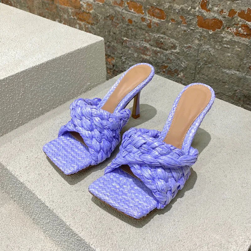 

Woven Braid Private Label Slipper Sandals 2021 Summer Heels for Women, Pink, blue, purple, tan, white, black
