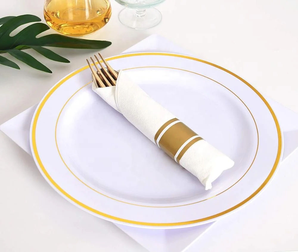 Rolled Napkin And Gold Disposable Silverware Set Gold Plastic Cutlery ...