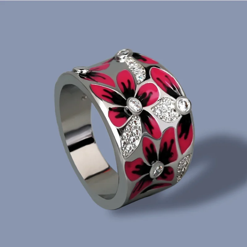 

New Unique Ring KYRA01294 Exquisite Handmade Enamel Women's Jewelry Zircon Flower Ring, Silver