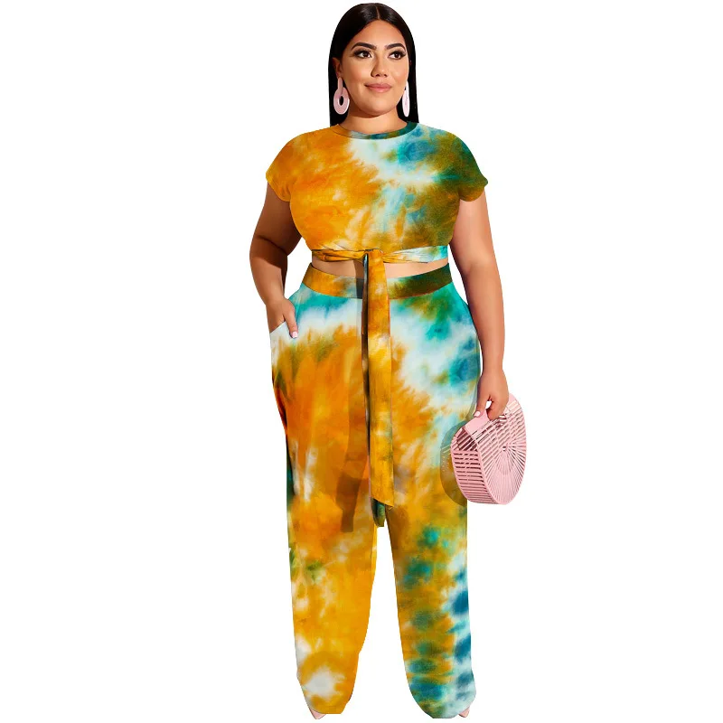 

Two Piece Plus Size Women's Tie Dye Tight-Fitting Tie Dye Pants Set Two Piece Pants Set 2021, Picture color
