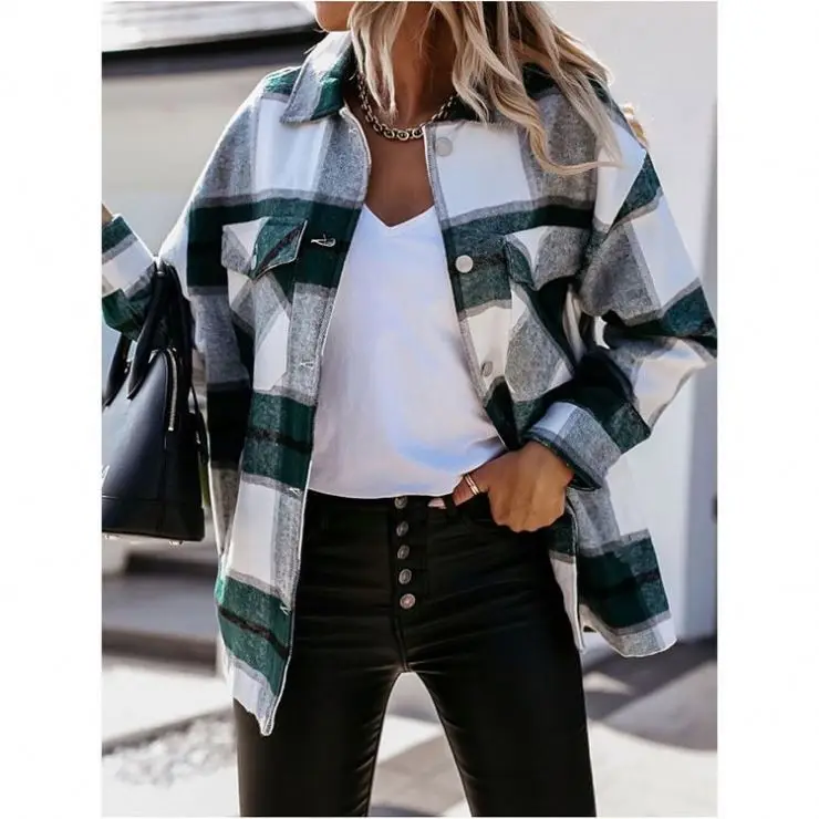 

Latest Design With Button Plaid Pattern Women Top Plaid Blouse Shirt Coat Tops