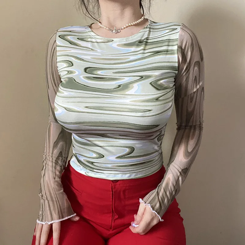 

2021 new water ripple printing long-sleeved casual T-shirt slim top women, Picture showed