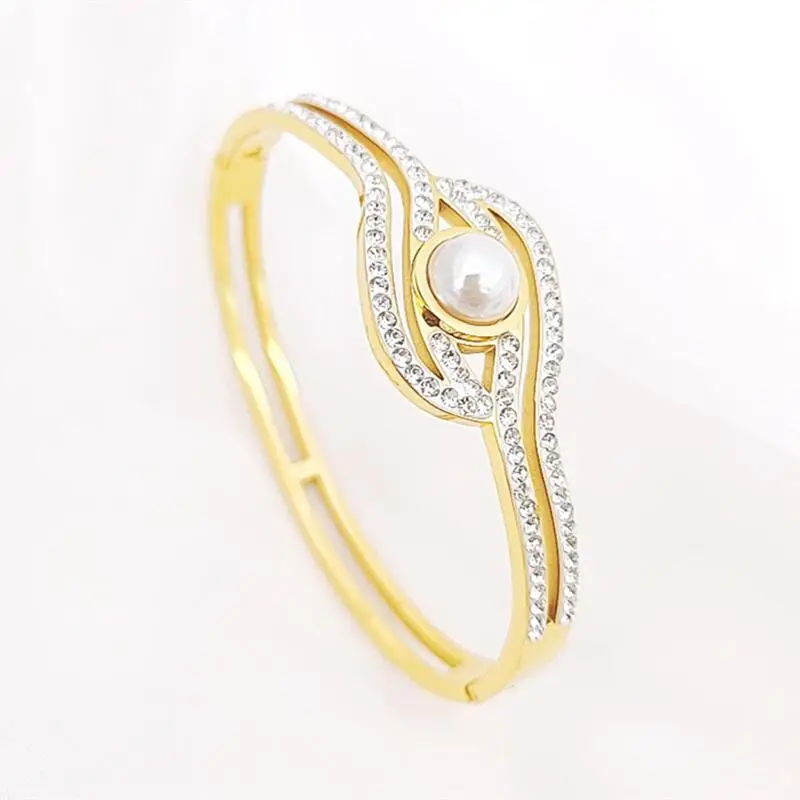 

Pearl charm diamond 18 gold plated stainless steel bangles jewelry women