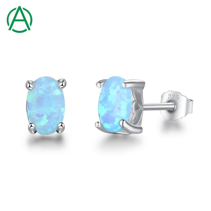 

ArthurGem Minimalist 925 Sterling Silver Blue Opal Earrings for Women Girl Wholesale Jewelry Oval Shape Opal Stud Earrings