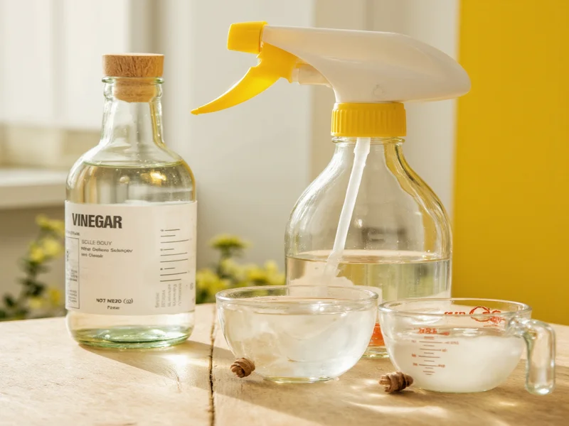 Vinegar water solution in glass spray bottle with measuring cups
