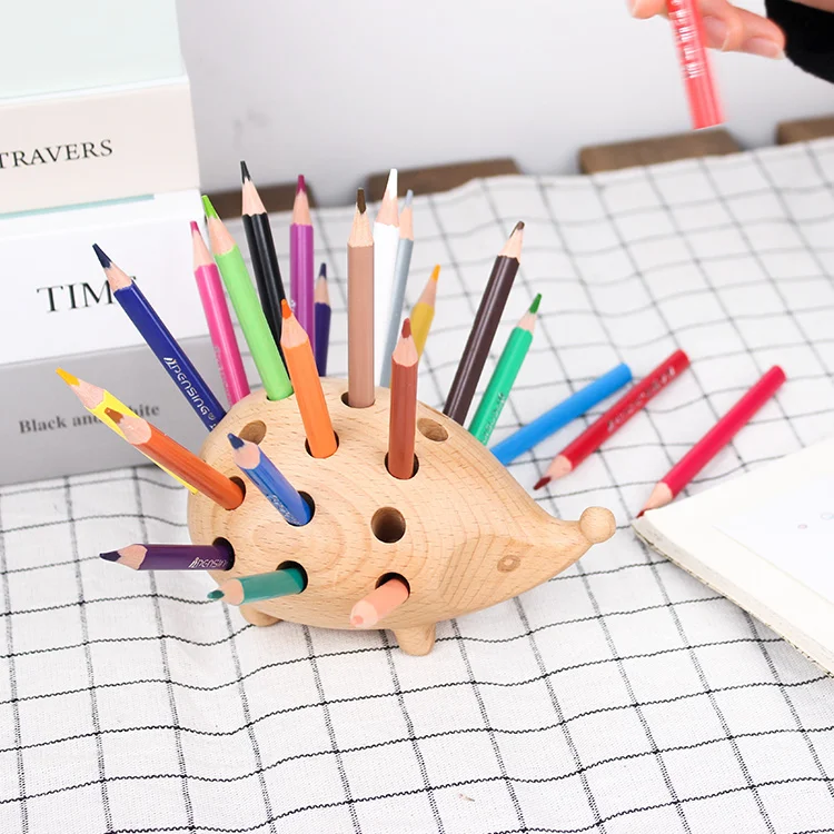 
Wooden animal Hedgehog 24 Hole Pen Inserted Stand Multi-Functional Desk Holder for Children Pencil Holder Fashion With 24 Colors 
