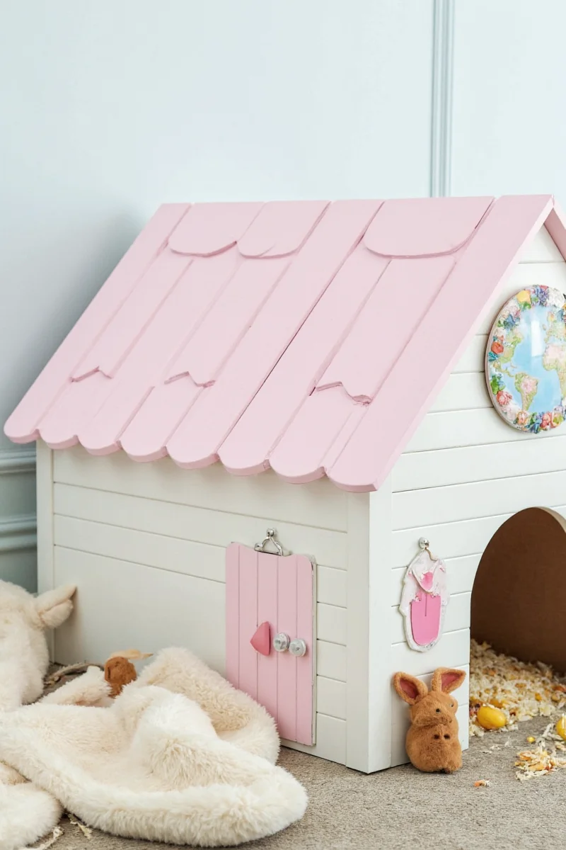A close-up of a bunny house interior lined with pastel-colored fabric and a tiny pillow inside.