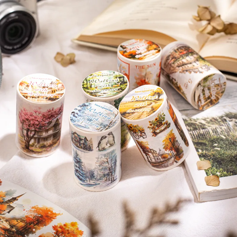 1Roll Four Seasons Landscape Handbook Material DIY Decoration Walking Landscape Series Waterproof Washi Tape PET Rubber Masking