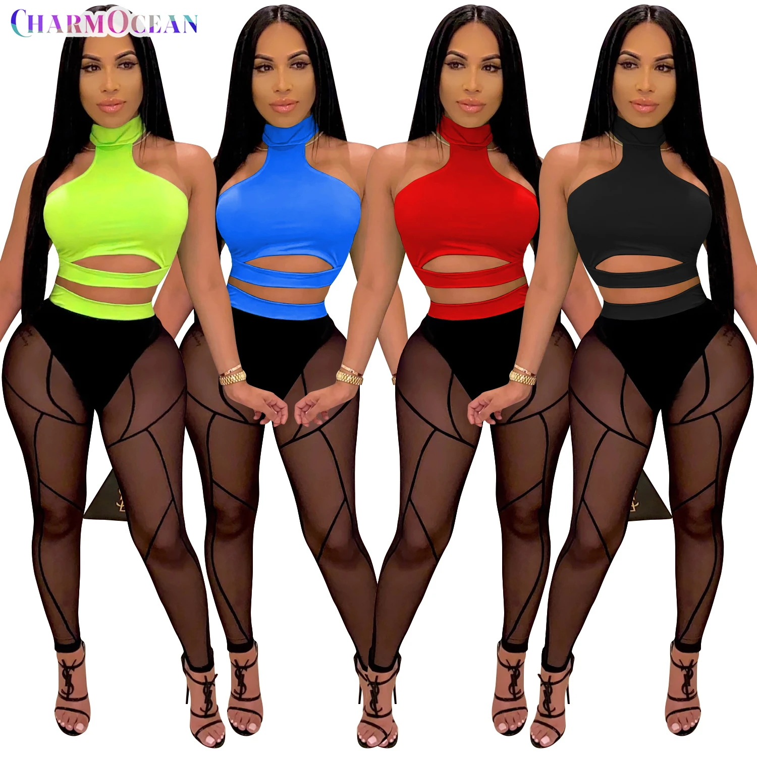 

Free Shipping C09342 - women modern sleeveless crop top and gauze transparent pants sexy 2 piece set