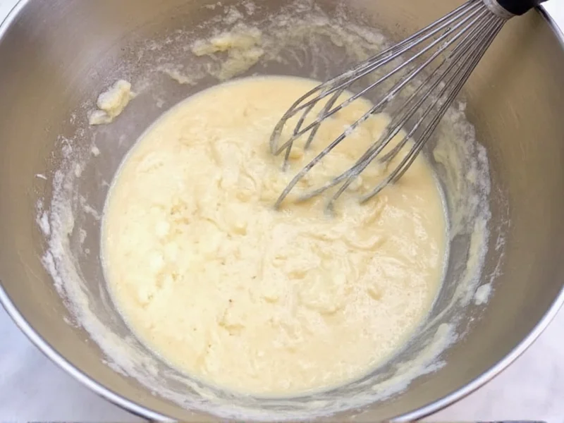 Whisking light onion ring batter in metal bowl