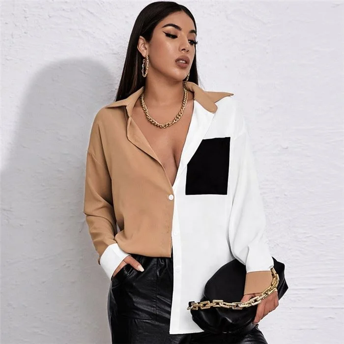 

Xs Women Clothing 2021 Contrast Color Patchwork Shirt Women Long Sleeve Women Blouses