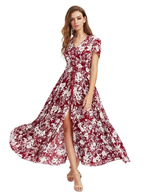 

Women Floral Print Button Up Split Party Maxi Dress, Burgundy,black,green,blue..