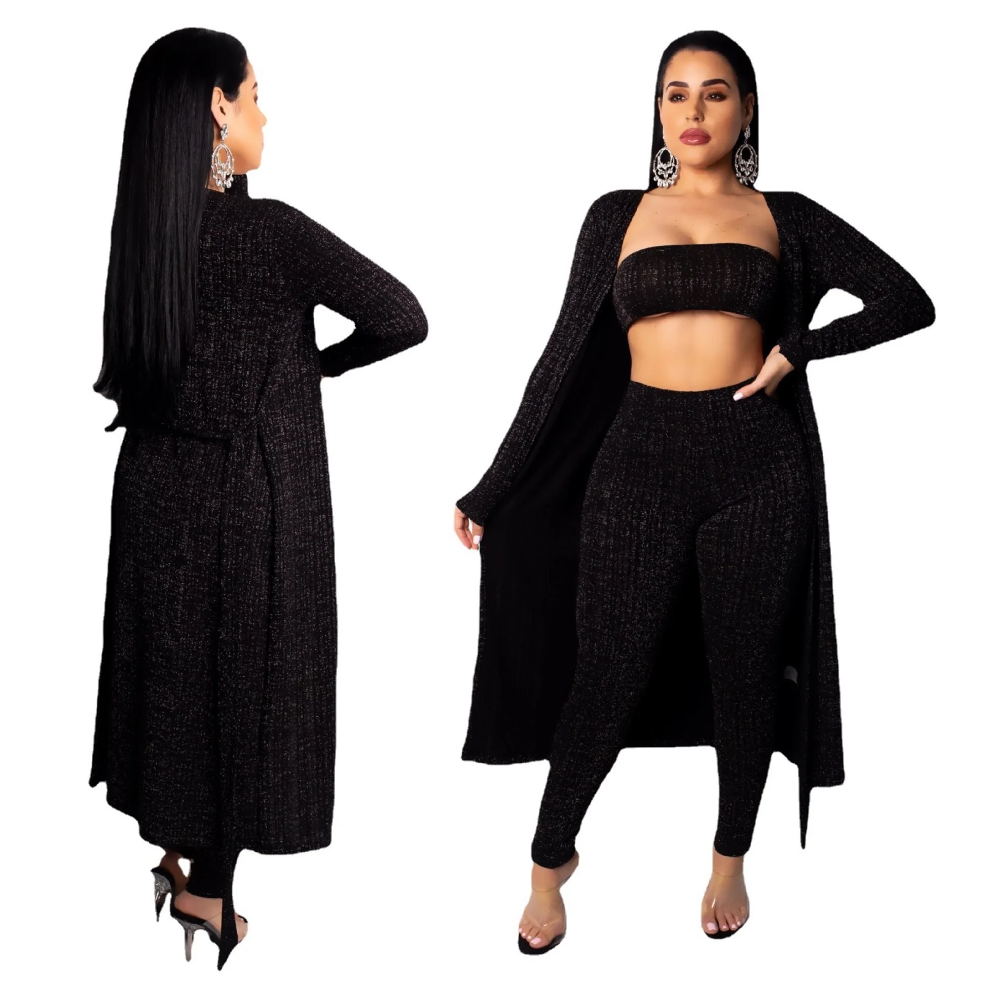 

Spring Outfits Ladies Long Coat Winter Pants 3 Piece Set Women Sweater Long Cardigan Woman, Picture