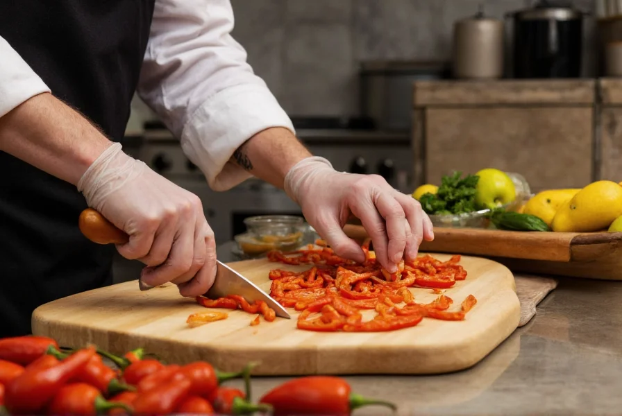 Chef wearing gloves while slicing ghost chili cheese on wooden cutting board