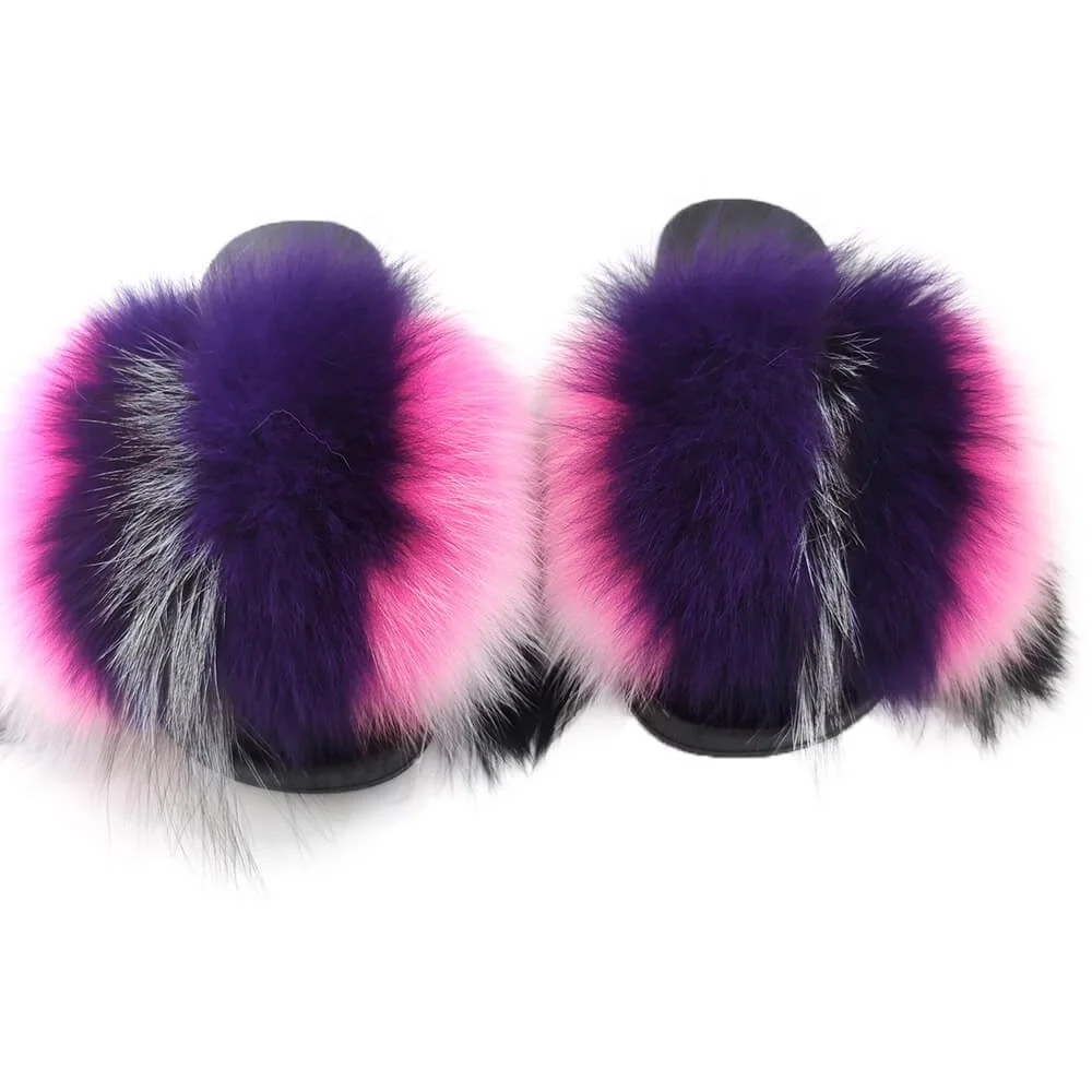 

Fast Shipping New Trendy Slippers Womens Racoon Fur Slides Logo Custom Real Fox Fur Furry Furslides For Wholesale, As our color chart or custom