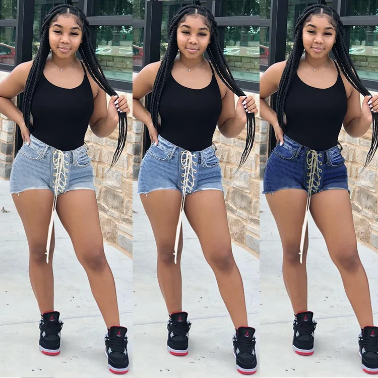 

New Trendy Hip-length Sexy Shorts Girl Lace Up Denim Shorts Women, As picture