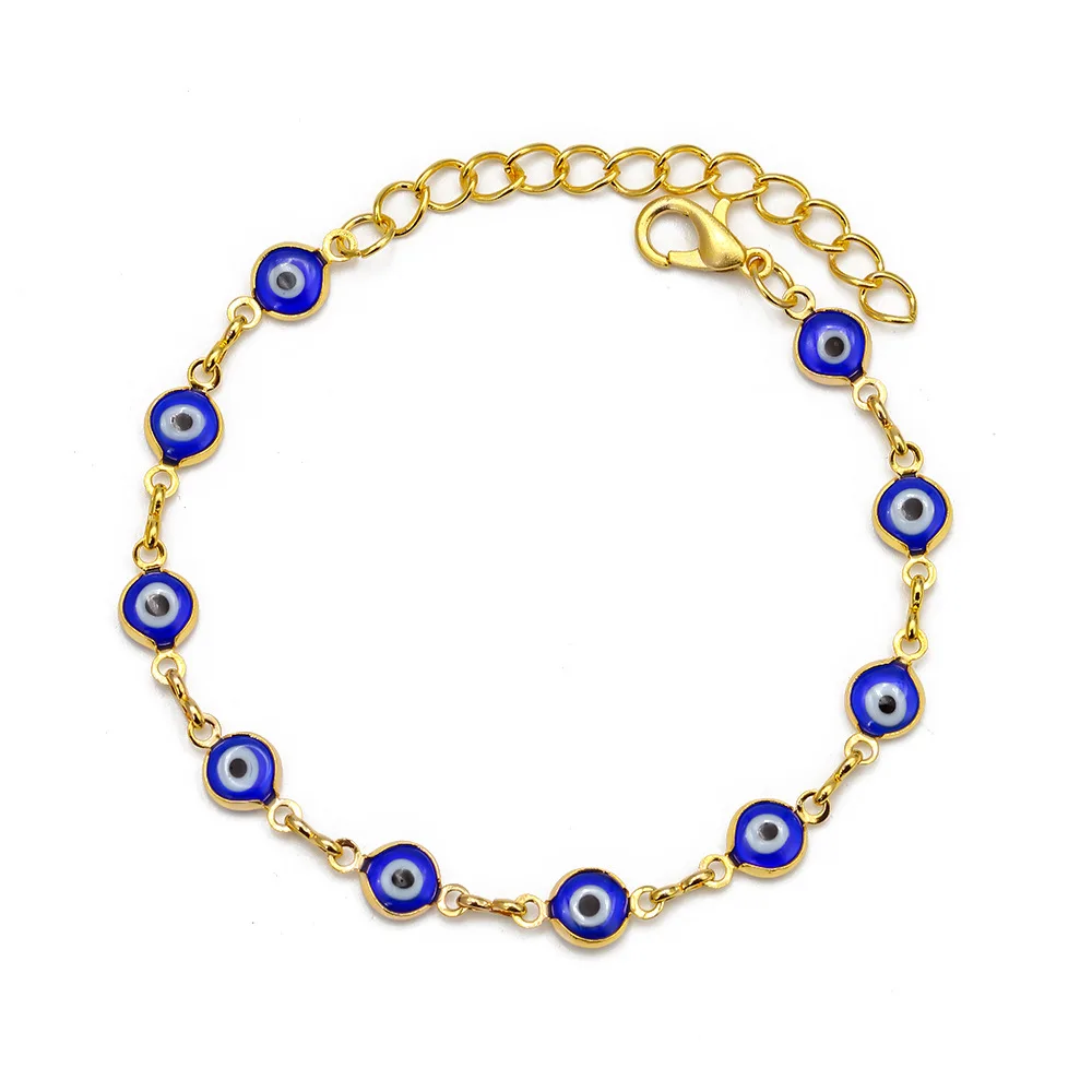 

2022 New Hot Sale Gold Plated Chain Blue Light Evil Eyes Beads Bracelet Adjustable Link Chain Turkish Eyes Bracelet For Girls