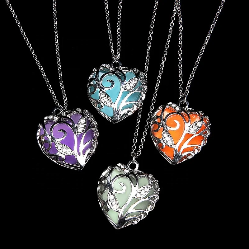 

New Chocker Locket Silver Hollow Glowing Stone Pendant Heart Luminous Necklace Glow In The Dark necklace For Mothers Day, Picture
