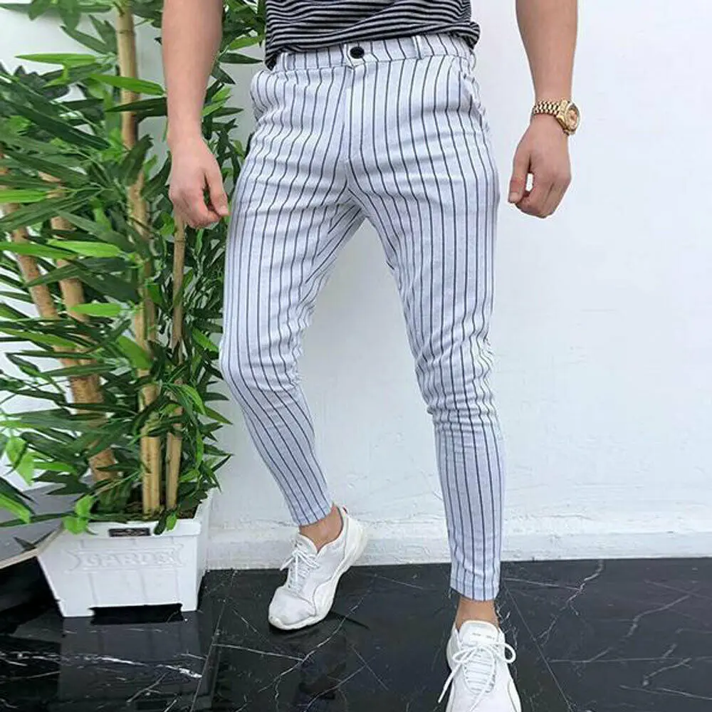 

2021 Men's Slim Fit Stripe Business Formal Pants Casual Office Skinny Long Straight Joggers Sweat Pants Trousers