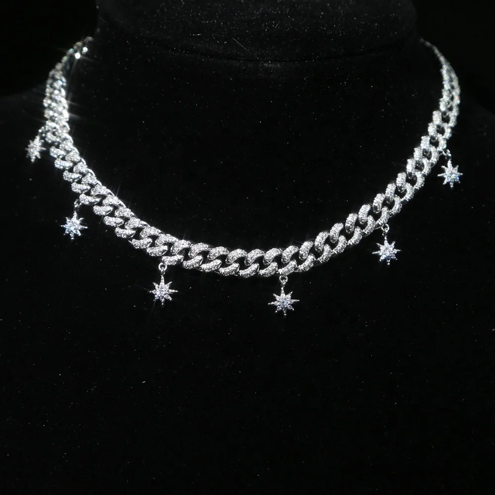 

2021 summer new northstar starbrust cz charm iced out bling cubic zirconia Miami cuban link chain choker necklace for women, Black