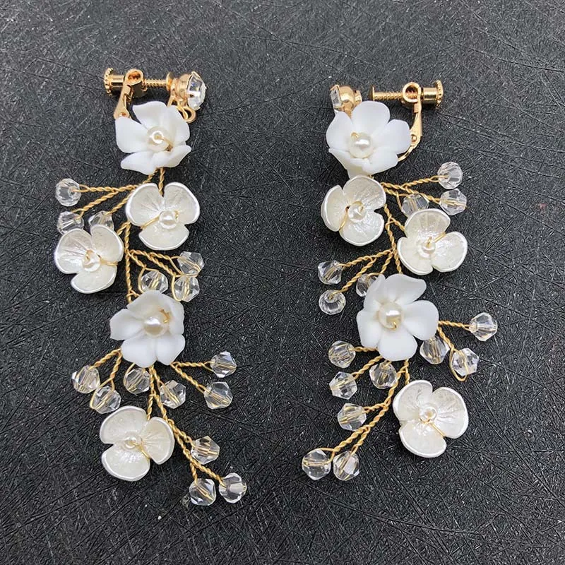 

ROMANTIC Handmade Crystal Clip on Wedding Dangle Flower Bridal Earring For Women