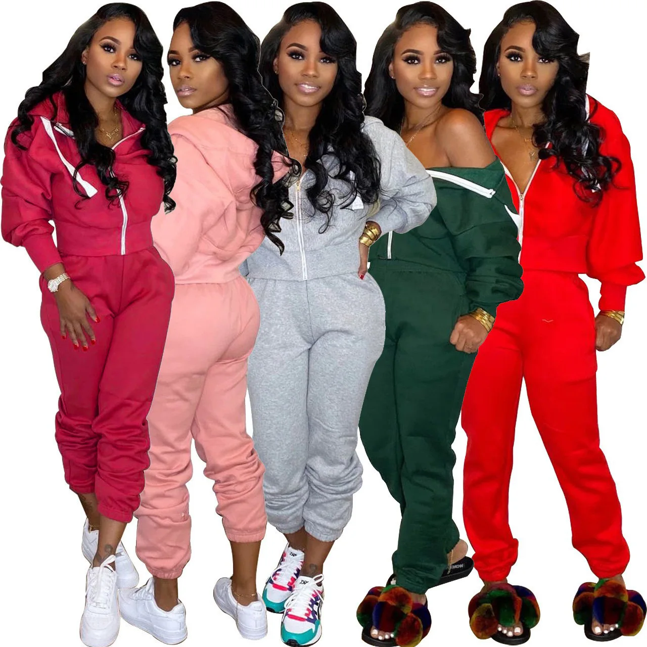

2021 Fall Jogging Sweat Suits Set Solid Color Casual Women Zipper Hoodie Pants Tracksuits 2 Piece Sportswear, Pink, red, purple, gray, black, rose red, military green