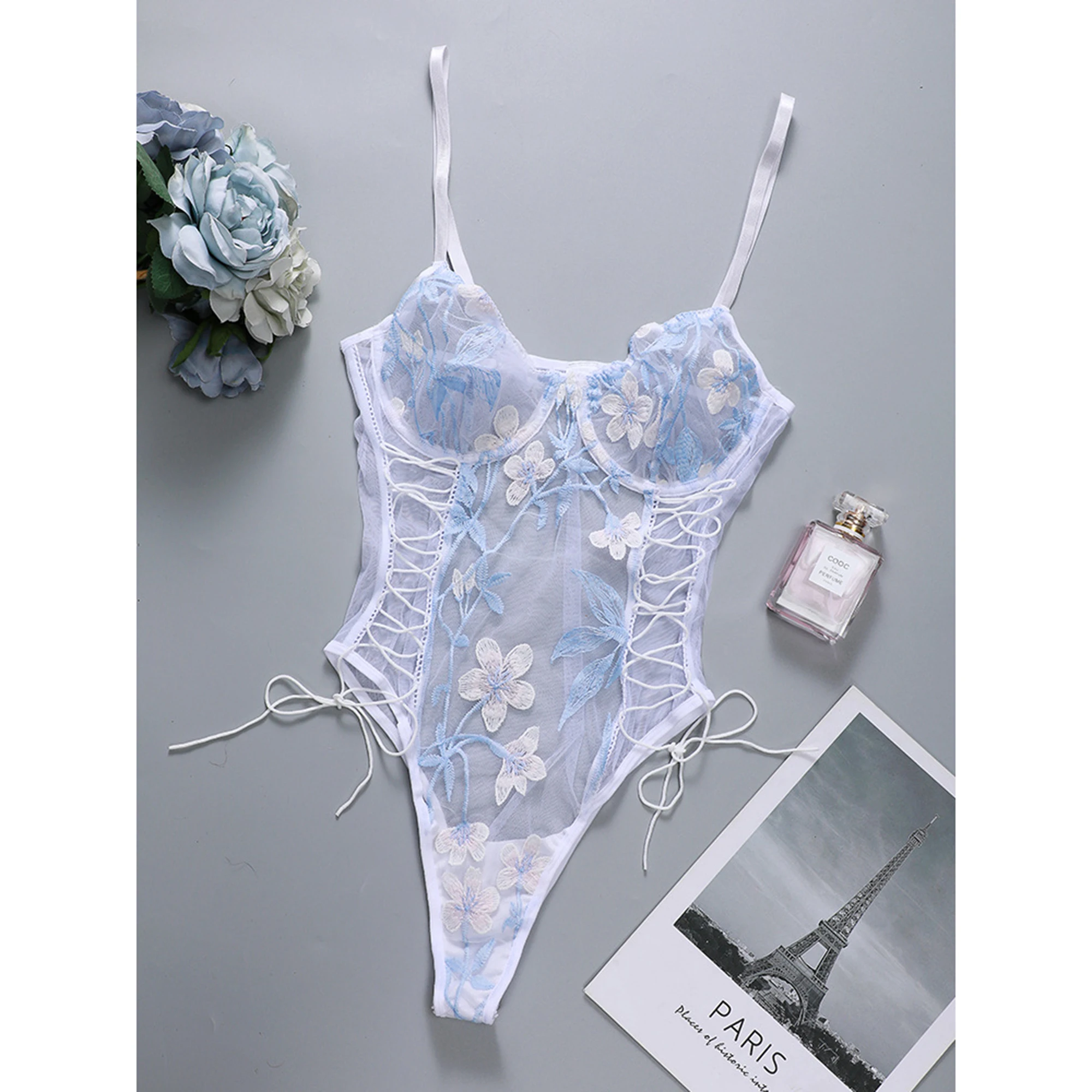 

New Arrival Women Sexy Floral Embroidery Transparent One Piece Lace Bodysuit Teddy Crotchless Lingerie, White