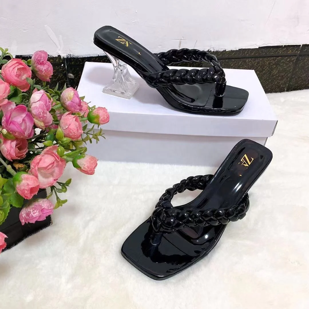 

LE SLIDES New Design Solid Braided Pure Color Flip Flop High Heel Square Toe Sandals Slippers Women, Black white khaki