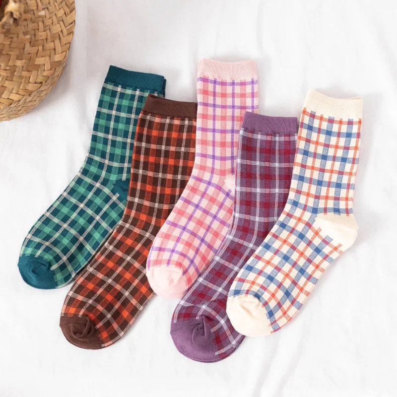 

Happy Sweet Teenage Girl Women Gift Sock Newest Green Purple Checkered Colorful Tartan Checked Plaid Woven Cotton Sneaker Socks, 5 choices
