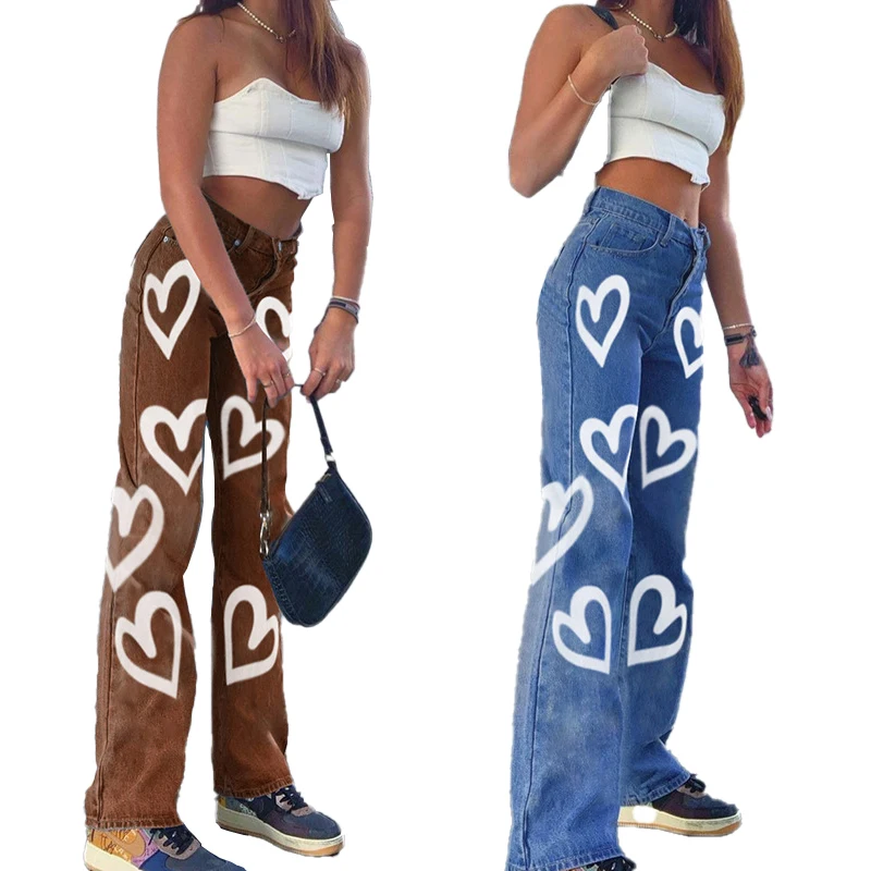 

Wholesale ladies fashion casual loose wide leg trousers women's denim jeans pants for women clothing, Blue,brown