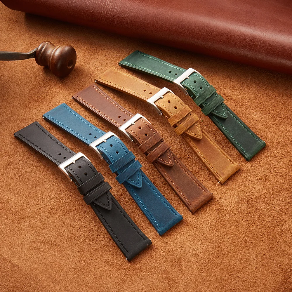 First layer cowhide genuine leatherstrap 18mm 19mm 20mm 21mm 22mm loop vintage men grain leather watch band quick release