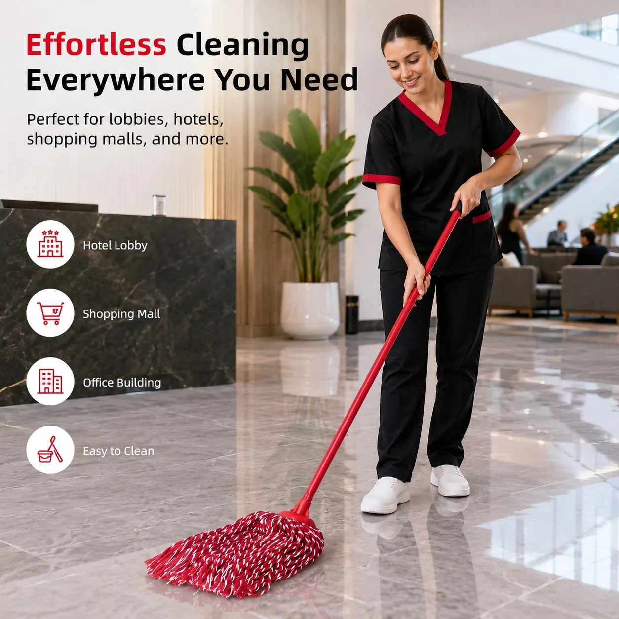 A cleaner mopping a polished lobby floor with the cotton yarn mop