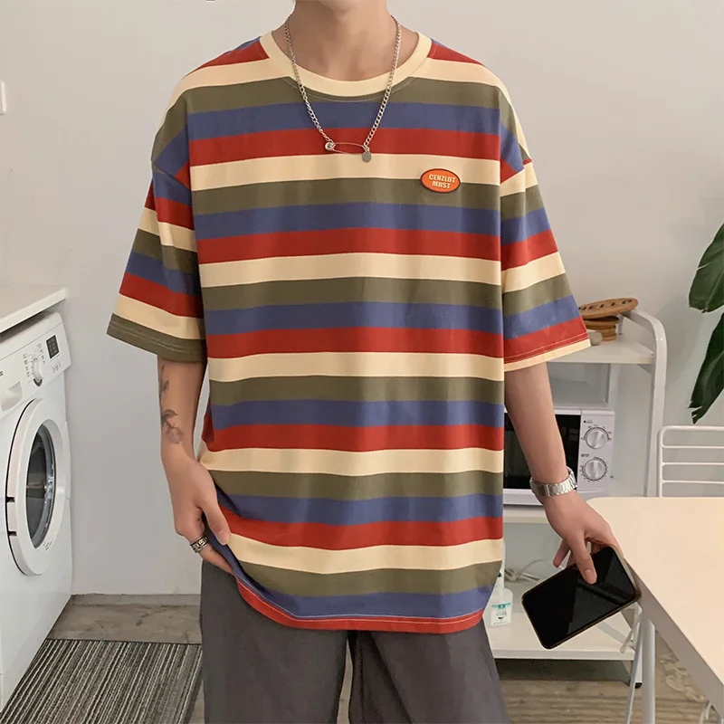 

2021 New Summer Custom Short-Sleeved Striped Short-Sleeved Fashion Men'S Loose T-Shirt Wholesale High Quality, Green,blue