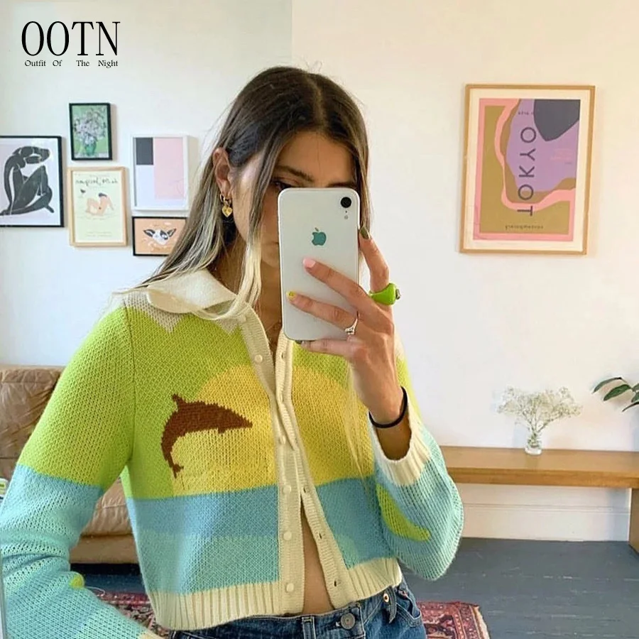

OOTN Seaside Scenery Print Long Sleeve Knitted Outwear Green Yellow Coat Women Winter Cardigans With Turn-Down Collar