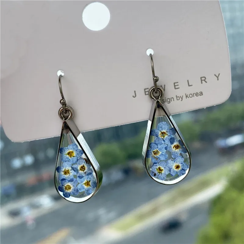 

forget me not Myosotis Sylvatica Lightweight Real Dry Press Flowers Earings Stud Drop Lady Floral Earring Jewelry Woman Resin