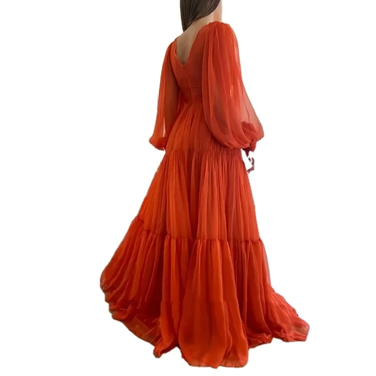 

JBeiL Orange Evening Party Ball Gown Puff Long Sleeves Tutu Maxi Dress Corset Tulle Prom Dress For Plus Size Bridal Maternity