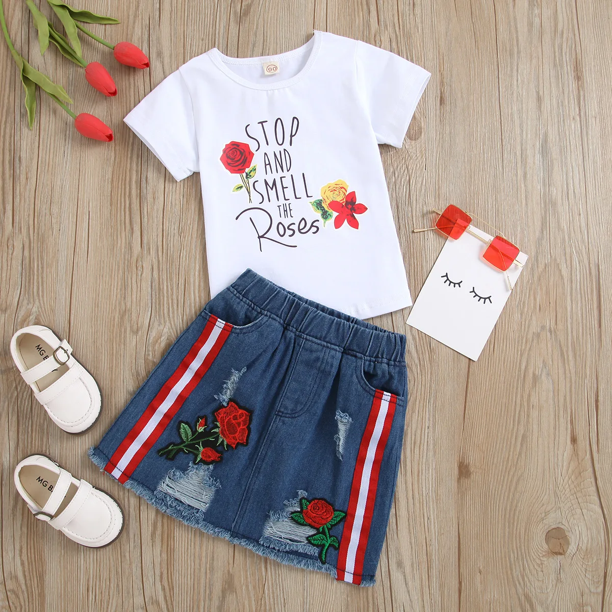 

2021 New Fashion Children Girl Rose White Shirt +Distressed Denim Skirt Clothing Set 2-6T, As photos