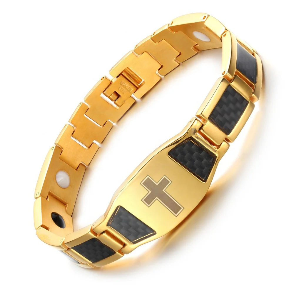 BioMagnetic Jewelry All Gold Color Stainless Steel Christian Cross Magnetic Bracelets Adjustable Link Bracelet for Arthritis