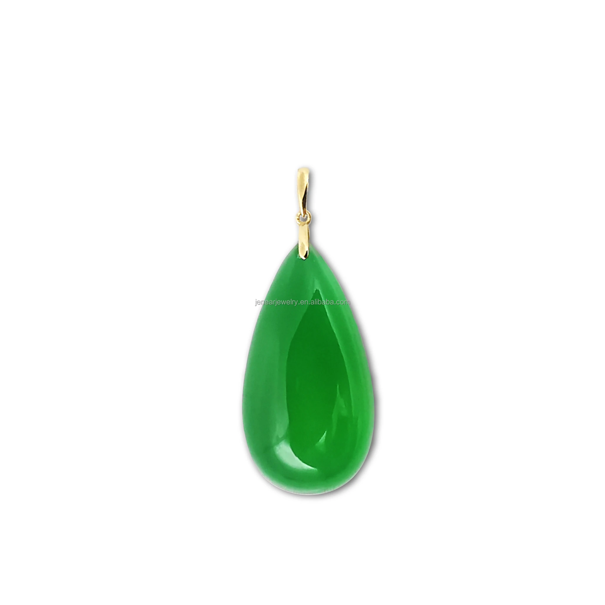 

Real solid 18K pawnable gold green jade pendant pure 18k gold natural green chalcedony gem drop shape pendant jewelry