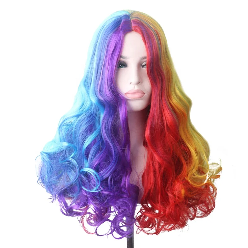 

Wholesale Women Colored Long Wavy Rainbow Cosplay Wig Heat Resistant Synthetic Hair Wigs