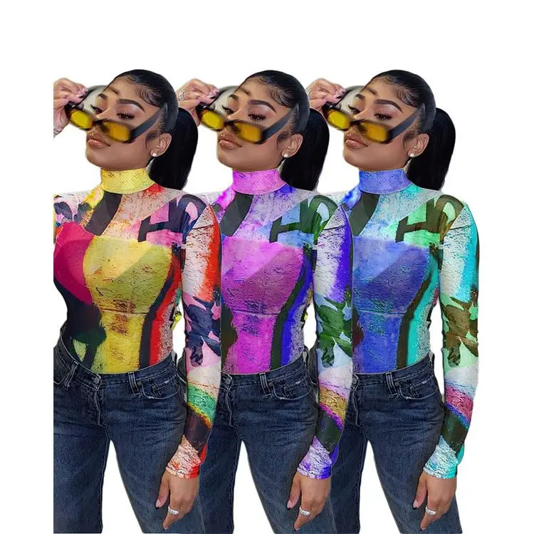 

Hot spring and summer high neck printing casual women's fashion clothing tie dye gradient women's T-shirt women's long sleeve to