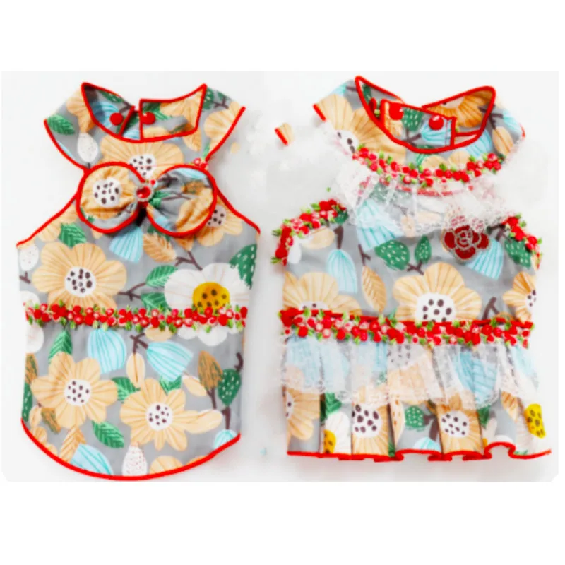 

Summer Korea Dress Clothes Girl Bowknot Floral Cute Tutu Rosette Dog Sundress Small Pet Puppy Cats luxury Princess dress dogs